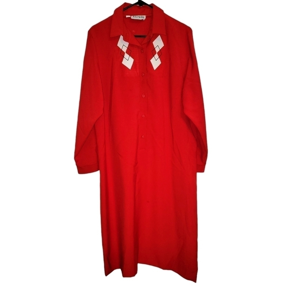 Vintage 1970s Henry Lee Red Bowling Shirt Dress Argyle Collared size 18